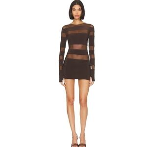 Norma Kamali Spliced Long Sleeve Pickleball Dress in Chocolate Mesh
